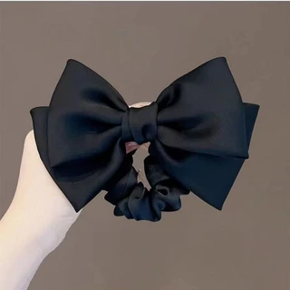 High-end สีดําซาติน Bow Hair Tie ยาว Bow Scrunchies แฟชั่นริบบิ้นสีดําโบว์เชือกผมสําหรับผู้หญิง