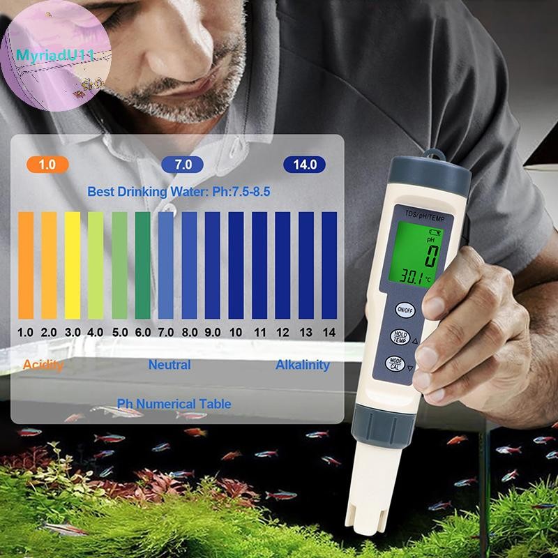 MyriadU PH Meter, TDS/PH/อุณหภูมิ 3-in-1 PH Meter สําหรับน้ํา, 0-14 PH ช่วงการวัด Digital PH Meter T