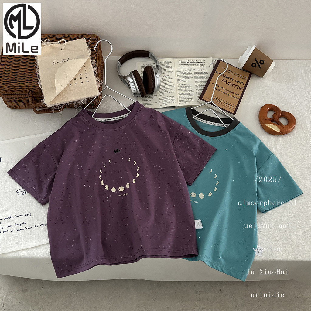 [ML] 80-170CM [Moon Falling Star River] เด็กฤดูร้อน Cool Solonma ผ้าฝ้ายแขนสั้น All-Match เสื้อยืดเวอร์ชั่นเกาหลีเงิน Sprinkling T