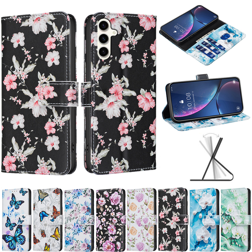Flip Casing สําหรับ Samsung Galaxy A07 A17 A16 A26 A36 A56 A06 A55 A35 A25 A15 5G A05 A05S 4G ผีเสื้อและ Rose รูปแบบกระเป๋าสตางค์หนัง PU ช่องใส่การ์ดฝาครอบกรณี