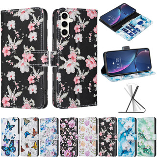 Flip Casing สําหรับ Samsung Galaxy A07 A17 A16 A26 A36 A56 A06 A55 A35 A25 A15 5G A05 A05S 4G ผีเสื้อและ Rose รูปแบบกระเป๋าสตางค์หนัง PU ช่องใส่การ์ดฝาครอบกรณี