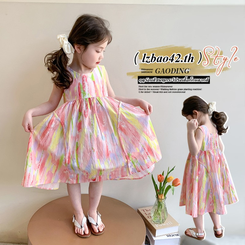 ชุดเดรสสาว กราฟฟิตีสีชมพู ฤดูร้อน 2025 สไตล์ใหม่ บรรยากาศสบาย ๆ ชุดเดรสยาวสำหรับเด็กแฟชั่นสวมใส่และจับคู่