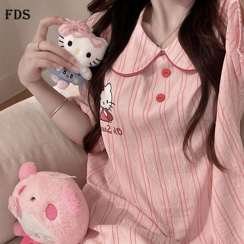 ชุดนอนผู้หญิงแขนสั้นผ้าฝ้ายลายเมฆ FDS KT ฤดูร้อนใหม่ ชุดนอนสบายๆ คอตุ๊กตา ชุดอยู่บ้าน