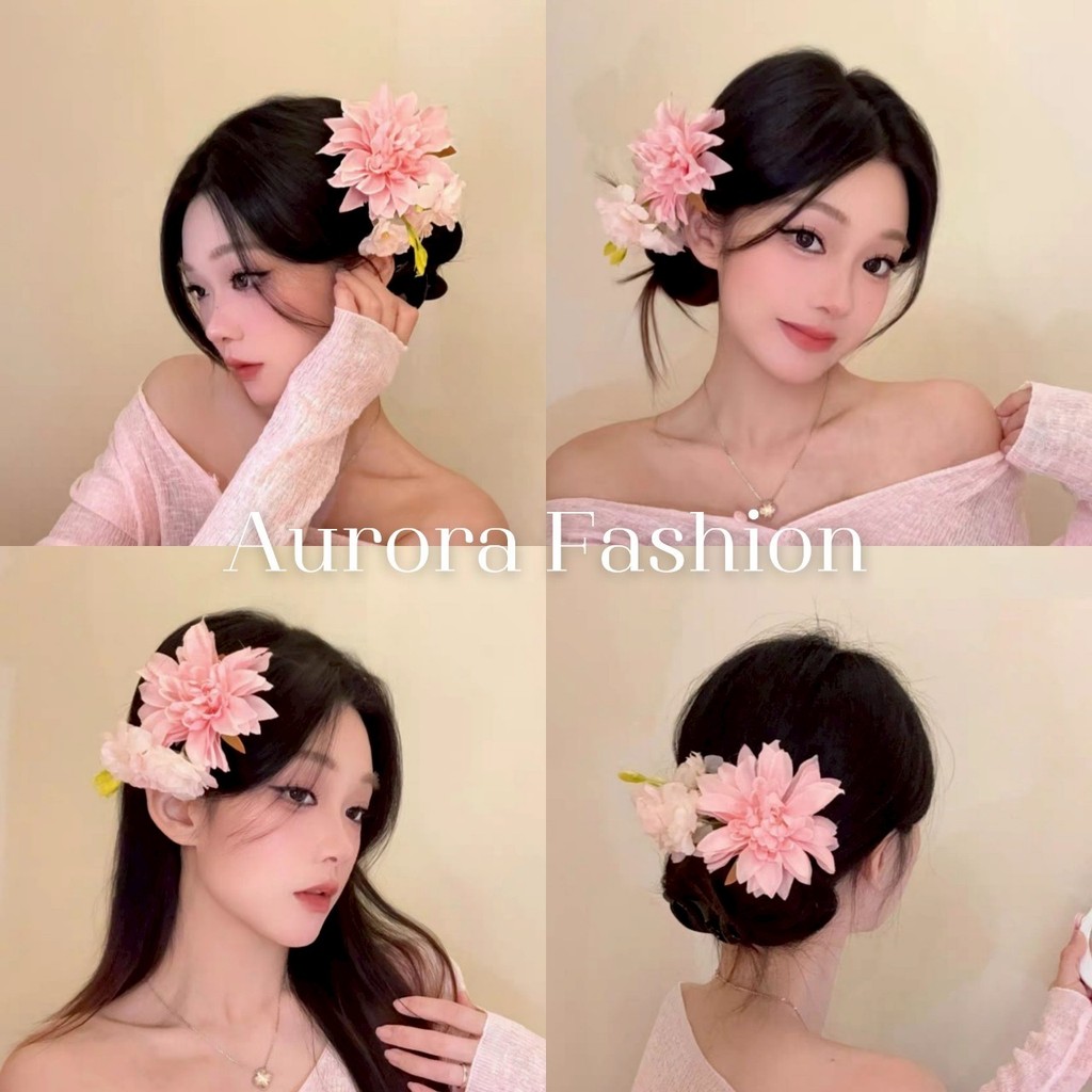 Aurora🛒พร้อมส่ง🚚 (รูปถ่ายจากงานจริง) กิ๊ปหนีบผมลายดอกไม้สีชมพู เรียบร้อยสไตล์เกาหลี