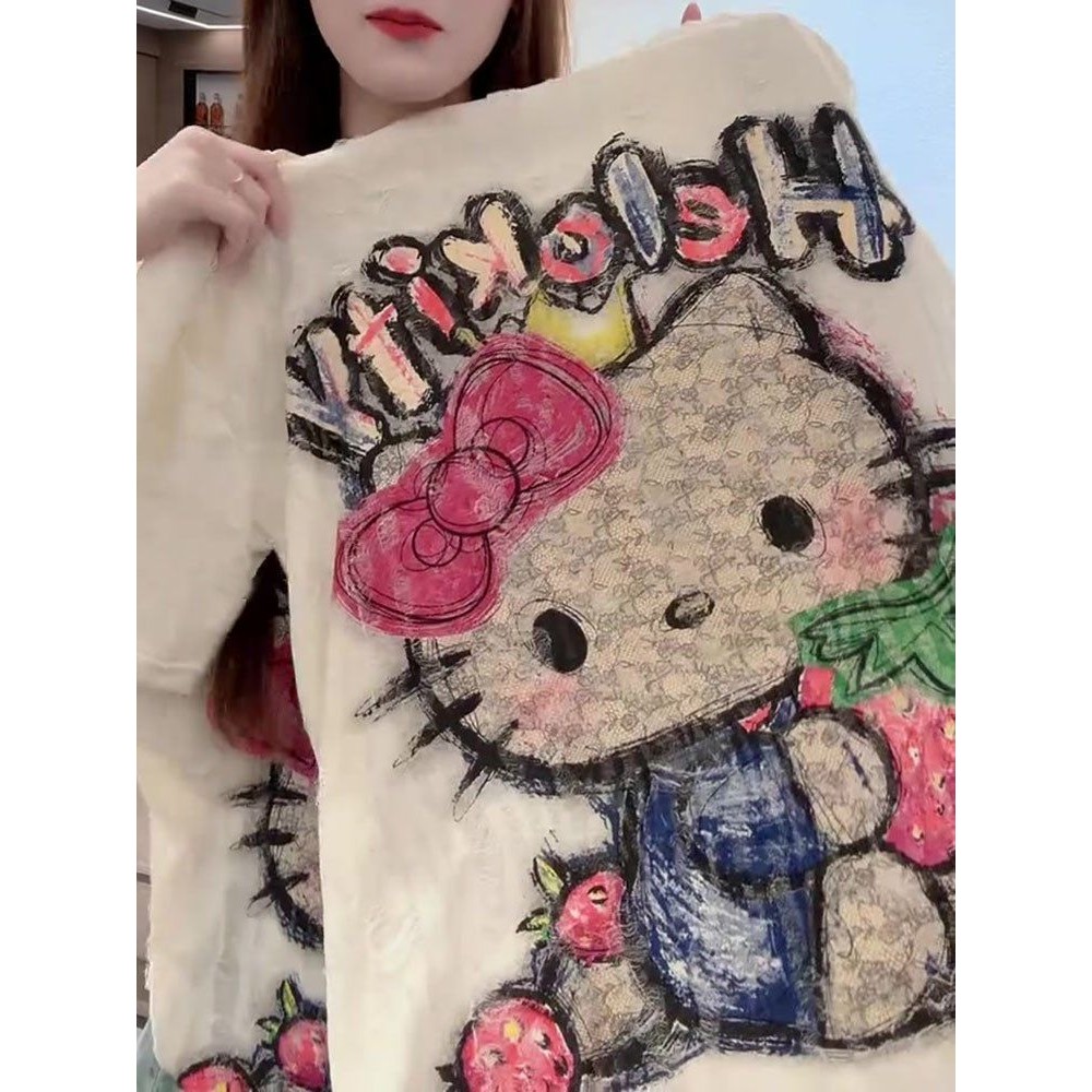 ขนาดใหญ่ย้อนยุคฉีกการ์ตูนพิมพ์แขนสั้นเสื้อยืดผู้หญิงฤดูร้อนสไตล์ใหม่หลวม ผอมลง ดูด้านบนผู้หญิง