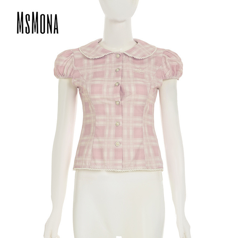 นางสาว ผู้หญิงของแท้2025เสื้อแฟชั่นแขนพองสแควร์คอปุ่มลายสก๊อตสลิมฟิตหวานวิทยาลัย - รูปที่ 4
