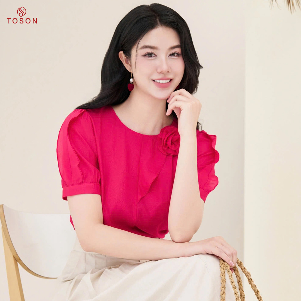 เสื้อไหมพรมไหล่บัวสีชมพูดอกไม้ 11043พี95 ทอสัน