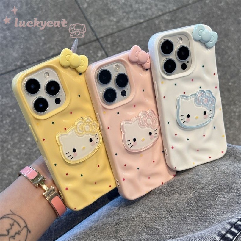 เข้ากันได้กับเคสโทรศัพท์ iPhone 16 15 14 13 12 11 Pro Max 3D DIY น่ารัก Ins สี Dopamine KT Cat Bow Color Point Wave Soft Back Cover