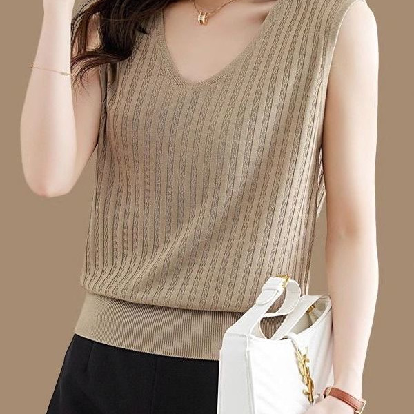 ฤดูร้อนเวอร์ชั่นเกาหลี Slim Simple Striped Design All-Match เสื้อกั๊กถักแขนกุดบาง O9C6