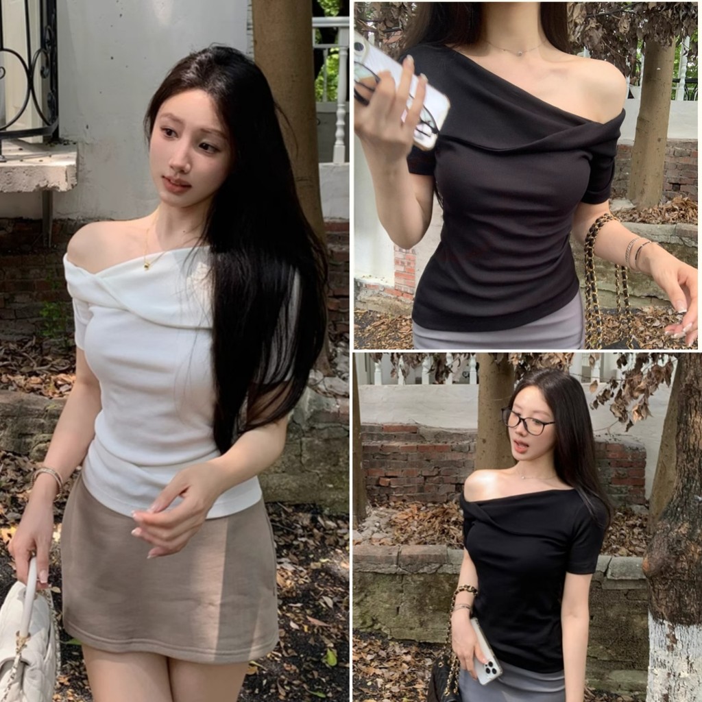 Bella shop🎀 เสื้อยืดโชว์ไหล่ เสื้อยืดเซ็กซี่ ✨แขนสั้น ทรงเข้ารูป ผ้าเนื้อนุ่ม สวมใส่สบาย สไตล์เกาหลีเรียบง่าย
