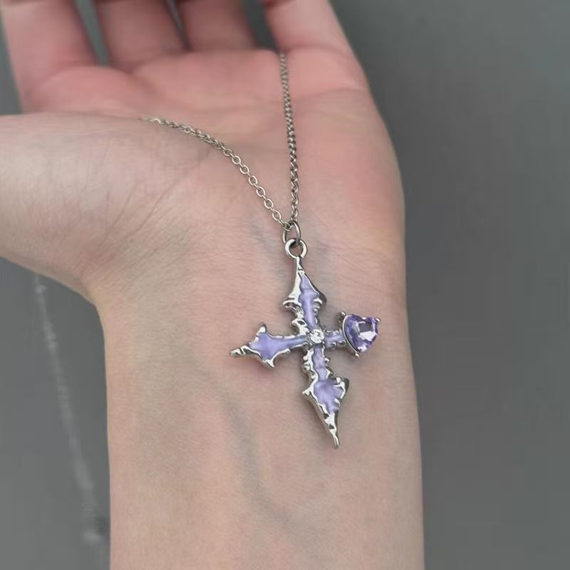 สร้อยคอหัวใจสีม่วงสไตล์เข้ม สร้อยคอข้ามที่เปล่งประกาย แฟชั่นประณีต มูลค่าสูง สายโซ่คลาวิคเคิลที่หลากหลาย - รูปที่ 7