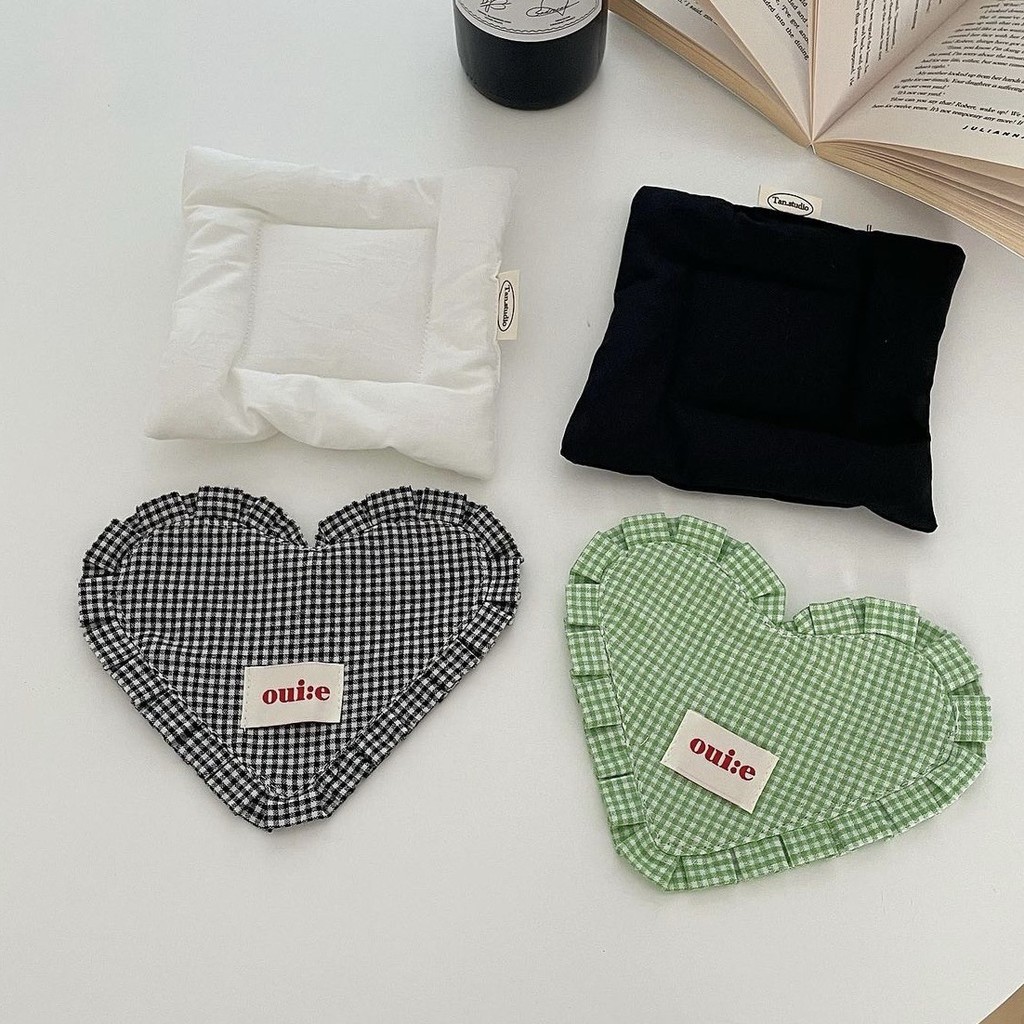 Ins รูปหัวใจลายสก๊อตผ้าฝ้ายแท้ Placemat Coaster น่ารักจีบลูกไม้บรรยากาศสาวหัวใจตกแต่ง Props