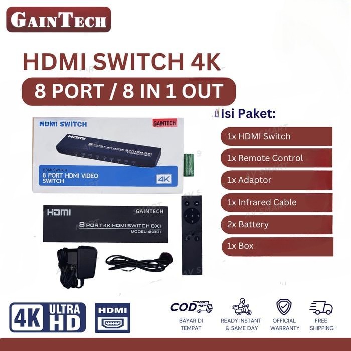 GainTech AV CVBS Splitter 4 / 8 พอร์ต (1 In 4 / 8 Out) Audio Video RCA Splitter 4K