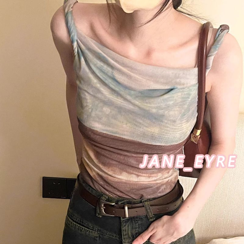 ย้อมน้ำมันวาดตาข่ายเสื้อกั๊กผิดปกติสั้น Camisole ผู้หญิงฤดูร้อนปิดไหล่หวานร้อนด้านบน JN - รูปที่ 3