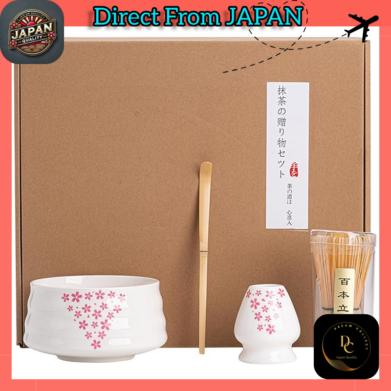 Sakura-Themed Matcha Tea Ceremony Set for Beginners: 4-Piece Chasen, Chasen Holder, Chashaku, and Ma