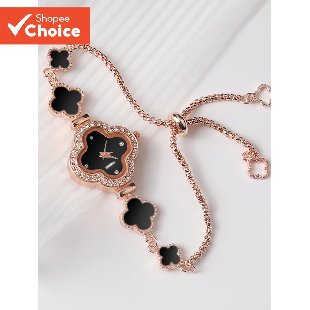 Luckyfox กล่องนาฬิกาผู้หญิงแฟชั่นอารมณ์ Advanced Sense Four-leaf Clover Dial Shape นาฬิกานาฬิกาควอตซ์เหมาะสําหรับของขวัญวันวาเลนไทน์ของขวัญวันแม่