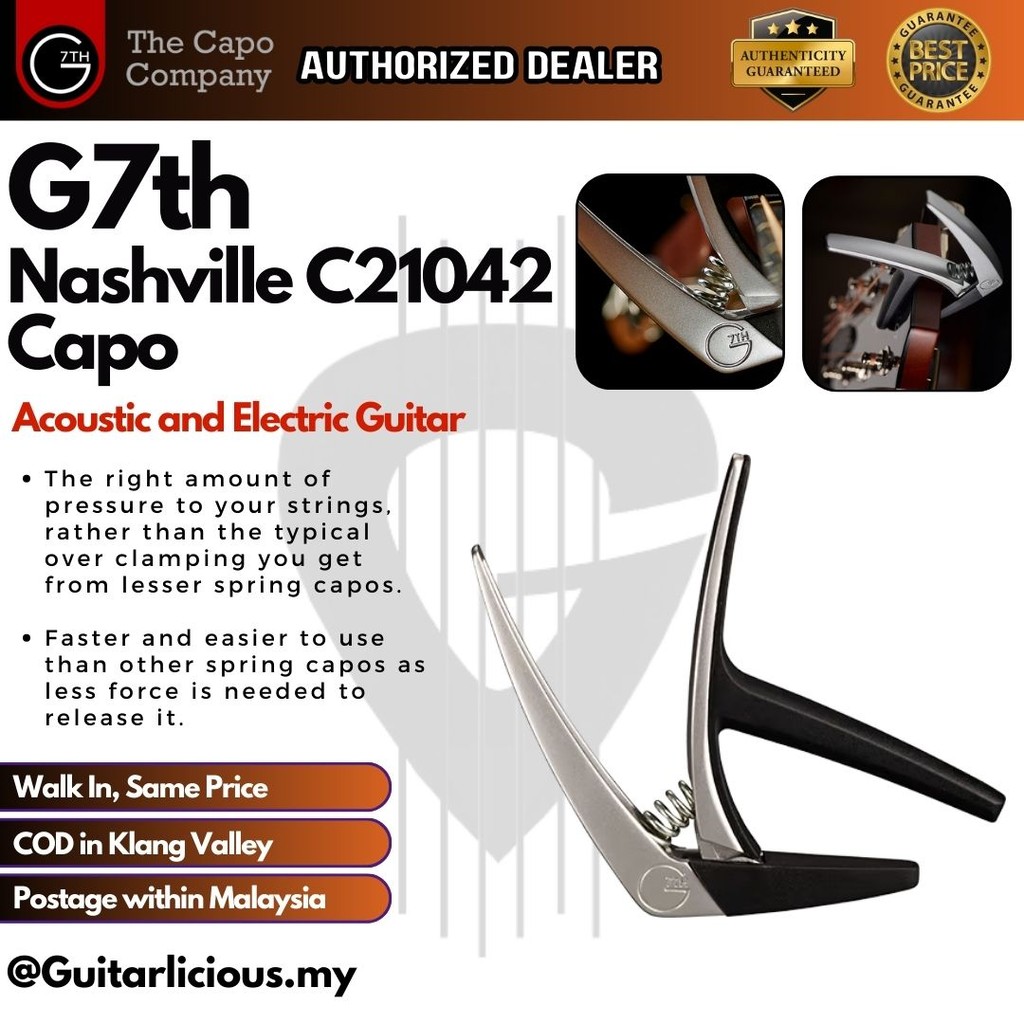 G7th Nashville C21042 Guitar Capo สําหรับอะคูสติกและกีตาร์ไฟฟ้า - สีเงิน