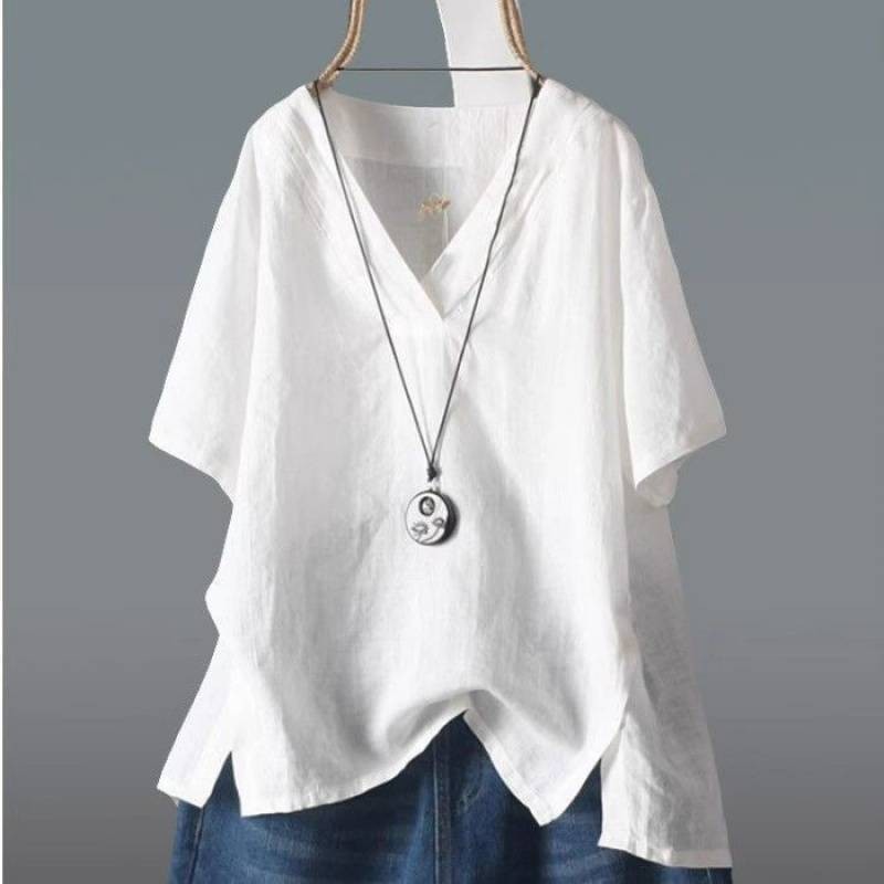 [LININ] เสื้อยืดแขนสั้นผ้าฝ้ายลินินสไตล์ใหม่ผู้หญิงสไตล์ใหม่สีทึบแขนสั้นด้านบนฤดูร้อนหลวมขนาดใหญ่ Li
