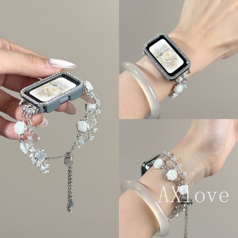 สีขาว Rose ลูกปัดสําหรับ Huawei Band 11 Pro 10 9 8 Honor 9 7 6 สายนาฬิกาสร้อยข้อมือ Fit 3 4Pro อุปกรณ์เสริม