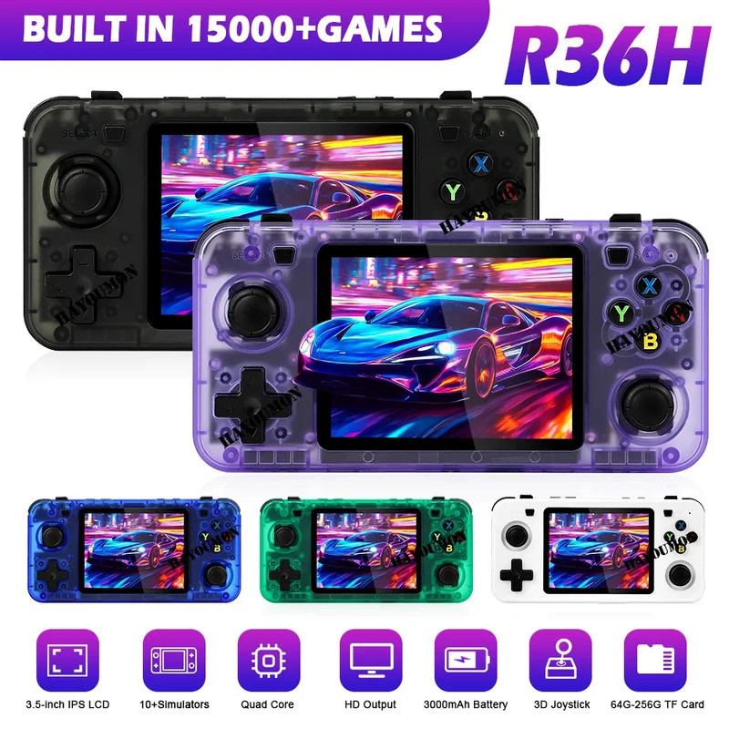 คอนโซลเกมพกพา ARKOS ขนาดพกพา R36H หน้าจอ IPS ขนาด 3.5 นิ้ว จอยสติ๊ก RK3566 64 บิต 15000+ เกม