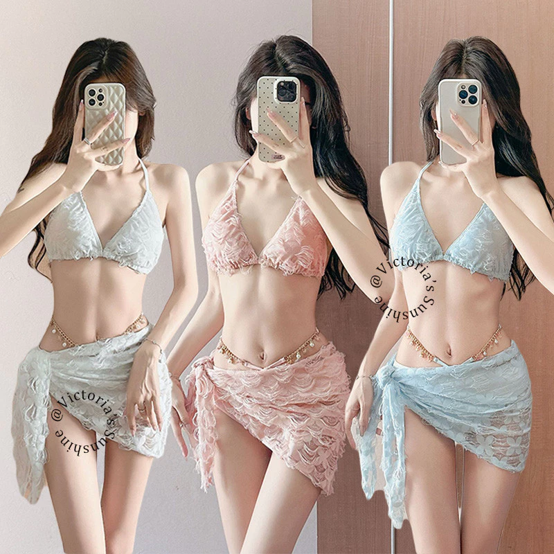 🌸พร้อมส่ง🌸ชุดบิกินี่ ชุด 3 ชิ้น ชุดว่ายน้ำผู้หญิง ผ้าลูกไม้ ลายพิมพ์ เกาหลี เซ็กซี่ คุณภาพดี#0751