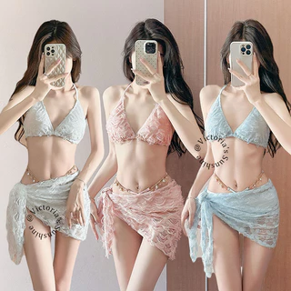 🌸พร้อ​มส่ง🌸ชุดบิกินี่ ชุด 3 ชิ้น ชุดว่ายน้ำผู้หญิง ผ้าลูกไม้ ลายพิมพ์ เกาหลี เซ็กซี่ คุณภาพดี#0751