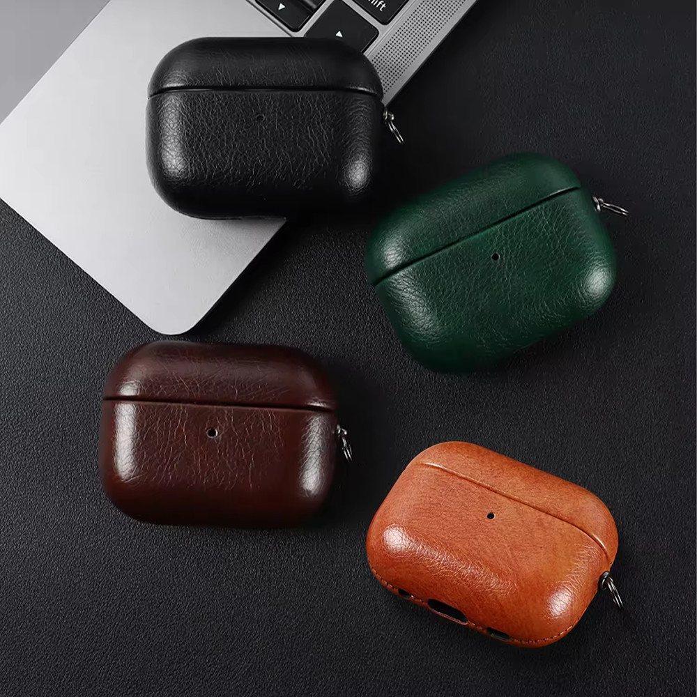 เคสหูฟังหนัง PU Glossy สําหรับ AirPods 4 3 1 & สําหรับ AirPods Pro 2 Anti-loss จี้โลหะพวงกุญแจปกแข็ง