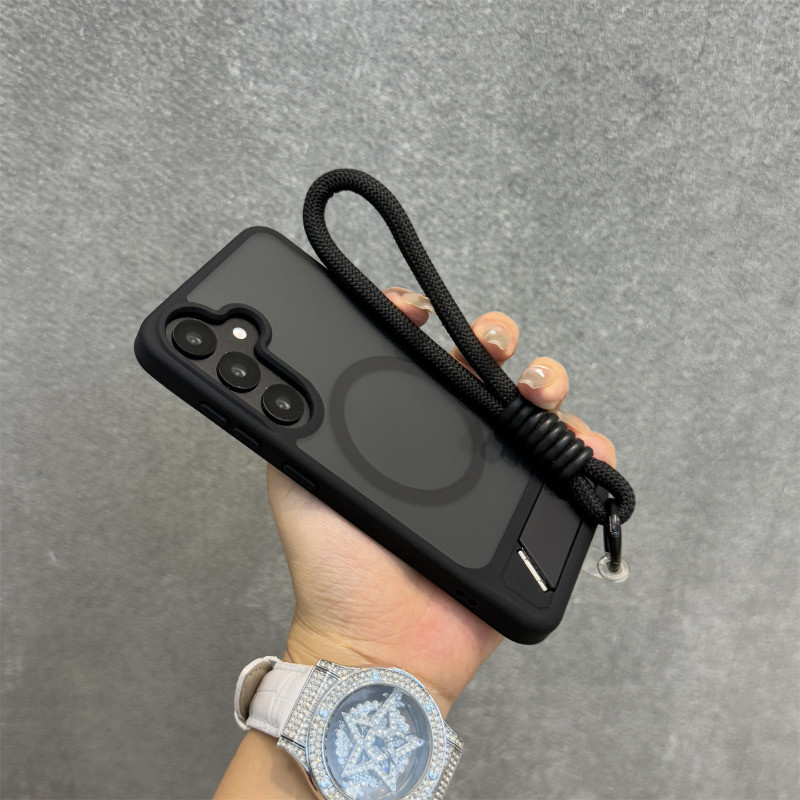 หรูหรา Matte โปร่งแสงแม่เหล็กพับขาตั้ง Lanyard สําหรับ Samsung S25 Edge S25 Ultra S24 S23 Ultra PlusWireless ชาร์จทหารกันกระแทก Hard ฝาหลัง