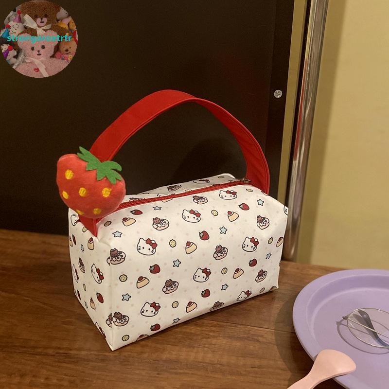 Strongaroettr หวานน่ารัก Hello Kitty กระเป๋าเครื่องสําอางมือถือขนาดใหญ่ความจุแบบพกพาผู้หญิงแฟชั่นกระเป๋าเก็บ KT Cat กระเป๋าแต่งหน้าของขวัญ TH