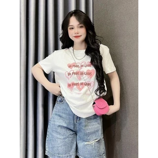 เสื้อยืดผู้หญิง สไตล์ไทย มีดีไซน์ลอยน้ำ ดีไซน์หัวใจ แขนสั้นพิมพ์ลาย