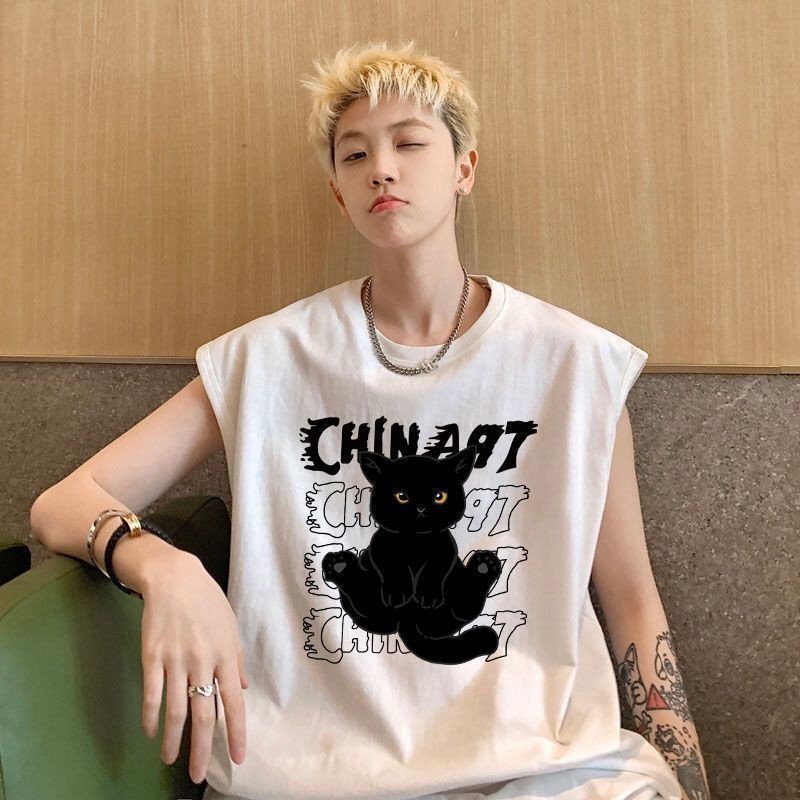 NEW เสื้อแขนกุด สกรีนลายแมวดำ ใส่ได้ทั้งชายหญิง OP-1109