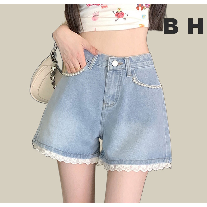 Bh ฤดูร้อนผู้หญิงลูกไม้กางเกงขาสั้นผ้ายีนส์เอวสูงบางปักหมุด