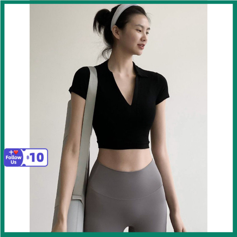 ของขวัญร้านใหม่ เสื้อแขนสั้นโยคะคอวีหรูหราสำหรับฤดูร้อน สำหรับผู้หญิง