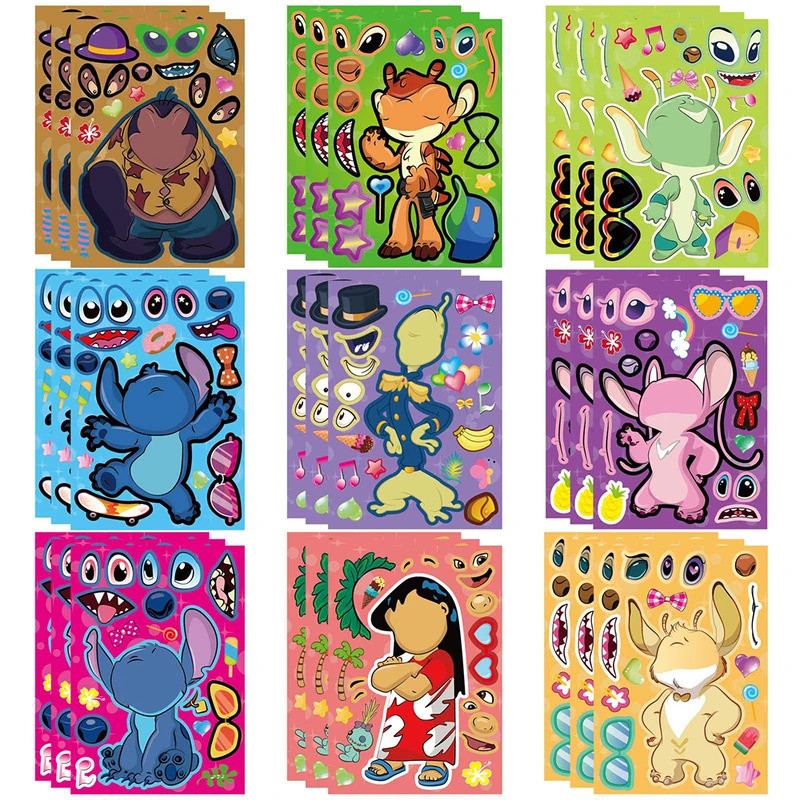 9/18sheets Disney Stitch Cartoon Puzzle Stickers Children Make a Face DIY Funny Kids Assemble Jigsaw
