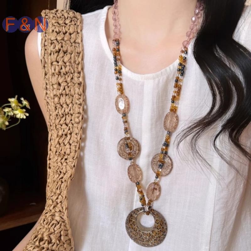 F&N ชาติพันธุ์ Sle รอบเรซิ่นเสือดาวเสื้อกันหนาวยาวสร้อยคอ Retro จี้คริสตัลหญิงเครื่องประดับคออุปกรณ์