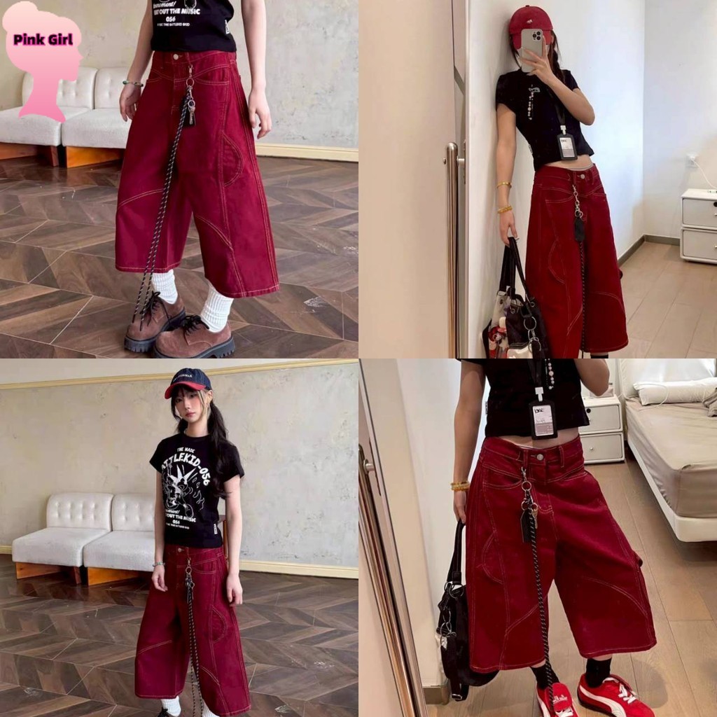 💋Pink girl💋​พร้อมส่ง กางเกงสี่ส่วม เอวกลาง สีแดงทรงคาโก้ กางเกงยีนส์ผู้หญิง ' NZ1971