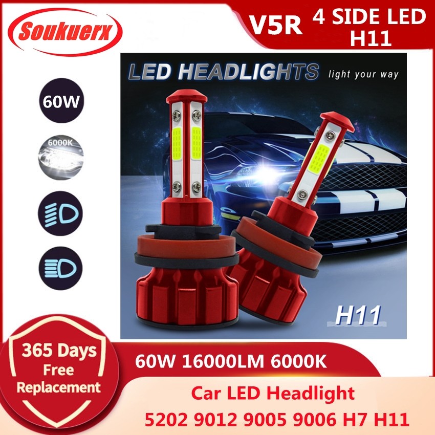 2PCS H11 หลอดไฟ LED H7 5202 9012 ไฟรถ HB3 HB4 60W 16000LM 6000K 4 ด้าน COB LED 9005 9006 12V ไฟหน้าอ