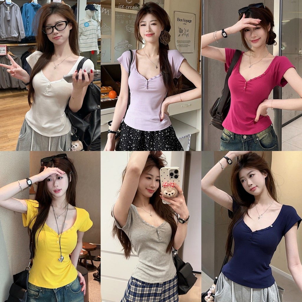 ✨Soroh✨เสื้อยืด แขนสั้น คอวี ดีเทลสีสดใส ผ้ายืดพอดี เข้ารูป⭐สไตล์เกาหลี ลำลอง แฟชั่น ใส่สบาย🌟#FY667