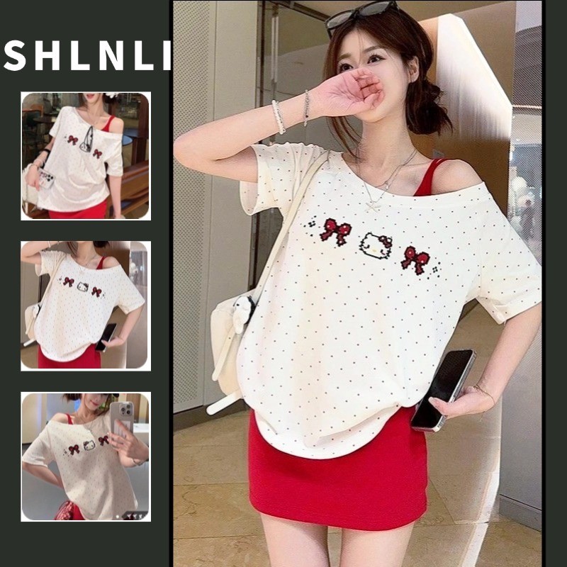 จุด พิมพ์แขนสั้นเสื้อยืดผู้หญิงฤดูร้อนหลวมปิดไหล่ด้านบน – โปรปัง