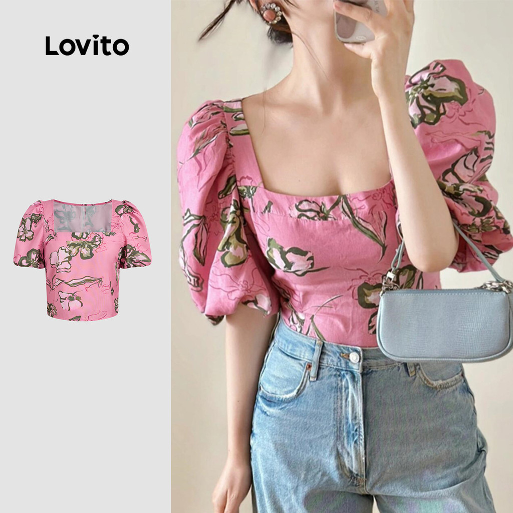 เสื้อเชิ้ตแขนสั้นผู้หญิงฤดูร้อนคอเหลี่ยมแขนบับเบิ้ล-BLB135P2D308