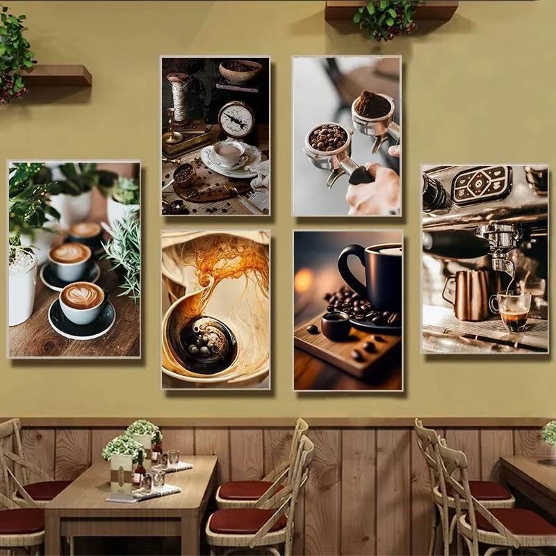 Vintage Coffee Bean Espresso Latte Cup Canvas Art โปสเตอร์ Hand Drawn Retro Coffee Art ห้องนั่งเล่น Cafe Wall Decor