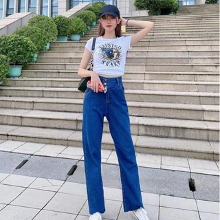 🌷👖MKL👖🌷 กางเกงยีนส์ขายาว ทรงกระบอก เอวสูง ปลายขารุ่ย กางเกงยีนส์ขายาวผู้หญิง 🔥⚡ #8058