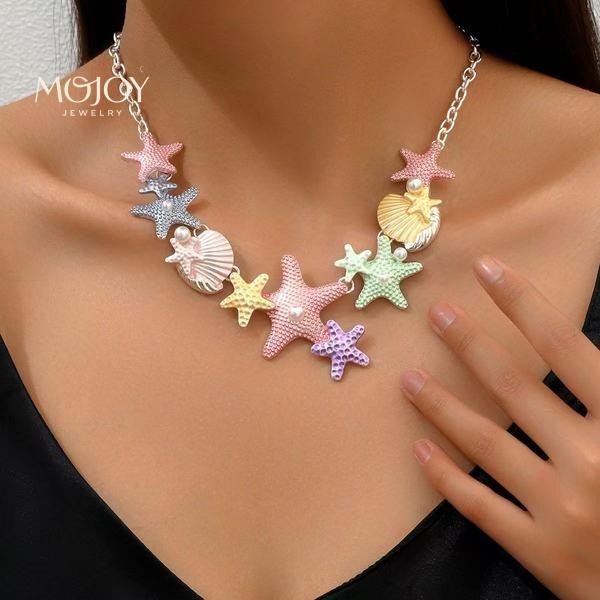 MOJOY สร้อยคอจี้เปลือกหอยมุกปลาดาว สีสันสดใสสำหรับผู้หญิง อุปกรณ์แฟชั่นสำหรับทะเลและของขวัญวันหยุด