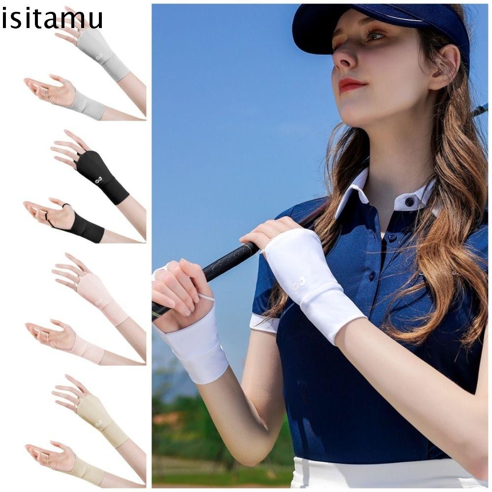 ISITAFT ถุงมือกอล์ฟครึ่งนิ้ว กันแดดบางยืดหยุ่น ปกป้องข้อมือ Anti-UV ผ้าไหมน้ําแข็ง ขี่จักรยาน กีฬา