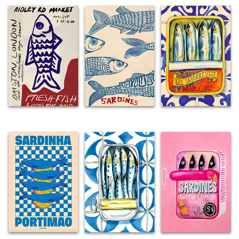 Sardines Canvas Poster Sardines Canned Vintage Decorative Painting Retro Sardines Mural Fish Print M