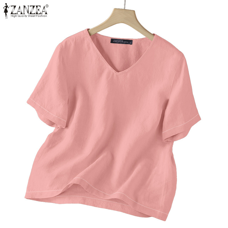 ZANZEA ซานเซีย เสื้อเบลาส์แขนสั้นคอวีสวิงหลวมสบายๆสําหรับผู้หญิง