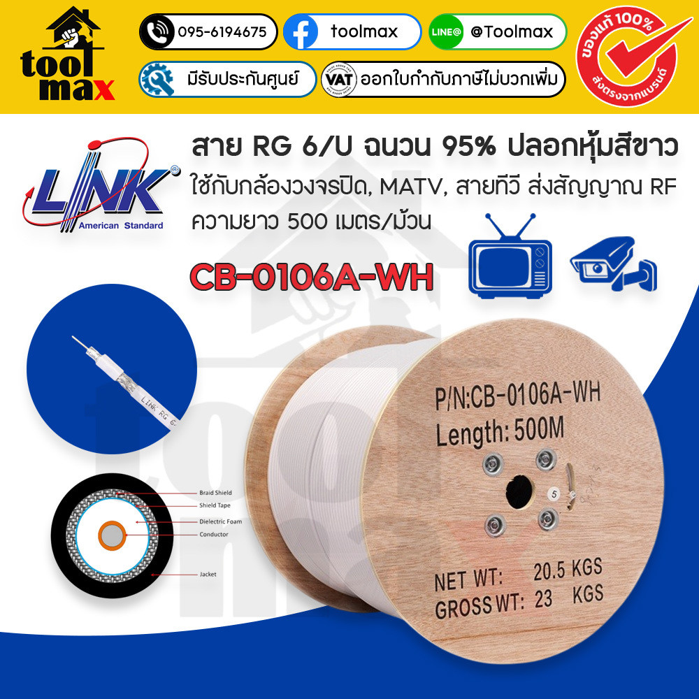 LINK สายสัญญาณกล้องวงจรปิด และ สัญญาณTV CB-0106A-WH RG 6/U Cable 95% Shielded สีขาว 500 เมตร