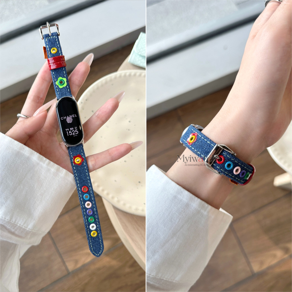 สายหนังผ้ายีนส์น่ารักสําหรับ เสี่ยวหมี่ เอ็นเอฟซี ไมล์ 10 9 8 มือโปร 7 6 5 4 3 โดปามีน การออกแบบดอกไม้วงสําหรับหัวเว่ยพอดี3 เรดมี่ นาฬิกา5 4สายรัดข้อมือสาวแฟ
