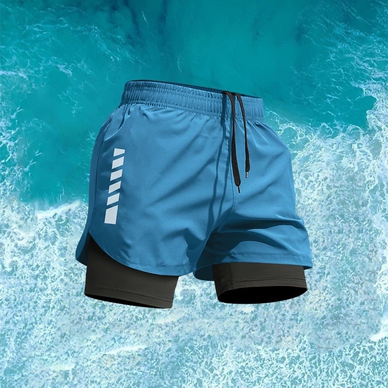 กางเกงขาสั้นวิ่งแห้งเร็ว ตาข่าย 2-in-1 สองชั้น มีกระเป๋า สวมใส่ง่าย สำหรับทุกเพศ - รูปที่ 4