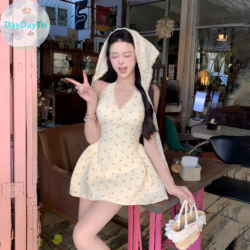DayDayTo V คอ Halter ชุดผู้หญิงฤดูร้อนเอววันหยุดดอกไม้หวานลูกไม้ Hem A-line เดรสสั้น TH